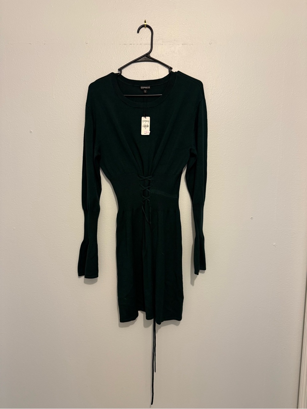 Express Dark Green Lace-Up Waist Long Sleeve Knit Dress